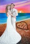 Airbrushed on their favorite beach at sunset as a Sign-In-Board for their guests to sign on the border at the wedding reception.