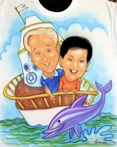 whimsical caricature of elderly couple on cruise ship watching dolphin